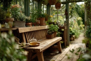 Obraz premium Greenhouse nook: Wooden bench with herbal tea and gardening gloves, blurred hanging plants and potted flowers. Soft midday light, fresh earthy vibe. 