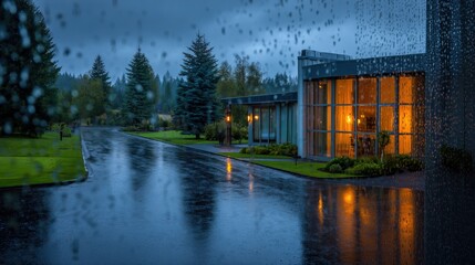 Obraz premium Contemporary Building Exterior on a Rainy Day with Reflections and Illuminated Windows, Showing a Wet Road