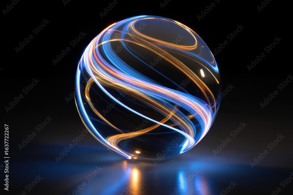 Poster capture of a mesmerizing glass sphere displaying vibrant light trails in a dark setting