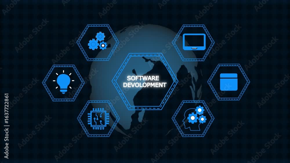 Aufkleber inscription software development on the virtual display. business, modern technology, internet and n