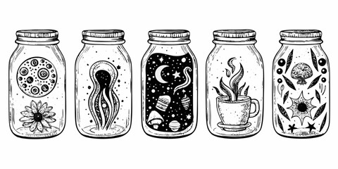 Whimsical jars filled with mystical and celestial scenes