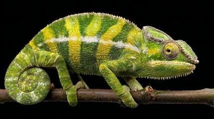 Vivid chameleon perched on a branch displaying vibrant colors and texture in its natural habitat