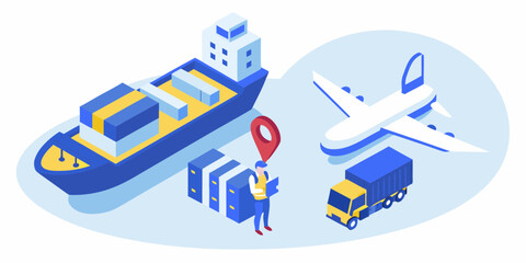Global logistics and transportation network with ship plane and truck