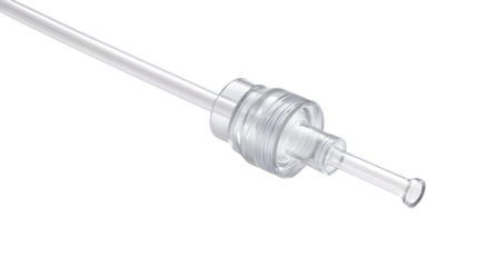 Closeup of a clear plastic tube with a cylindrical chamber on a black background in a studio shot