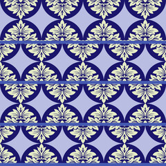 Seamless classic floral pattern with cream motifs inside navy circles on a lavender background. Perfect for wallpaper, textiles, and decorative prints.