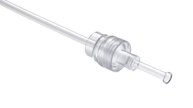 Closeup of a clear plastic tube with a cylindrical chamber on a black background in a studio shot