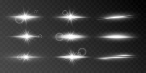 White light flashes and glare. Bright horizontal rays. EPS 10 vector.