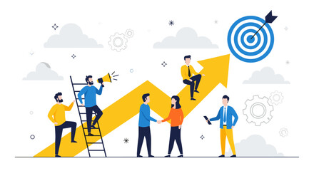 Fototapeta premium A team of business professionals collaborate and climb a rising arrow towards a target, representing success, growth, and achievement in a vector illustration.