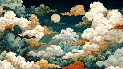 An ethereal landscape depicts swirling clouds illuminated by a full moon, evoking a sense of tranquility and wonder through a stylized, illustrative technique.