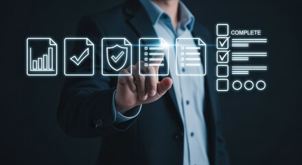 Business Man Interacting with Digital Compliance Checklist Interface, Data Protection and Regulations