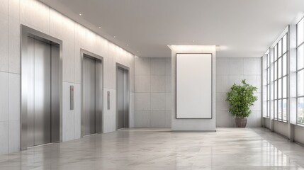 Modern Office Lobby with Elevators, Blank Advertisement Display and Natural Light, Ideal for Corporate Presentation