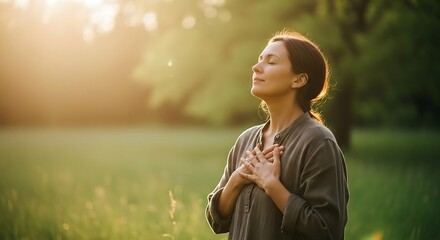 A woman practices deep breathing and meditates in a sunlit field. The woman is filled with inner peace.