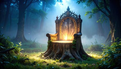 Fototapeta premium Fantasy Throne on Stump with Mystic Forest, Magical Light, and Enchanted Scene.