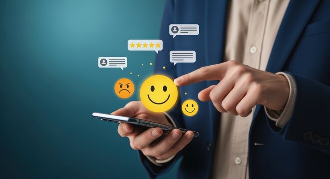 Customer feedback concept: Man using smartphone with smiley face and rating review