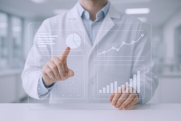 Doctor Interacting with Digital Interface Displaying Medical Data and Analytics in a Modern Clinic
