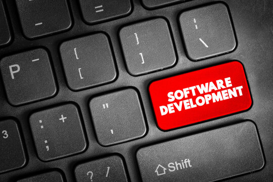 Software Development - set of computer science activities dedicated to the process of creating, designing and supporting software, text button on keyboard