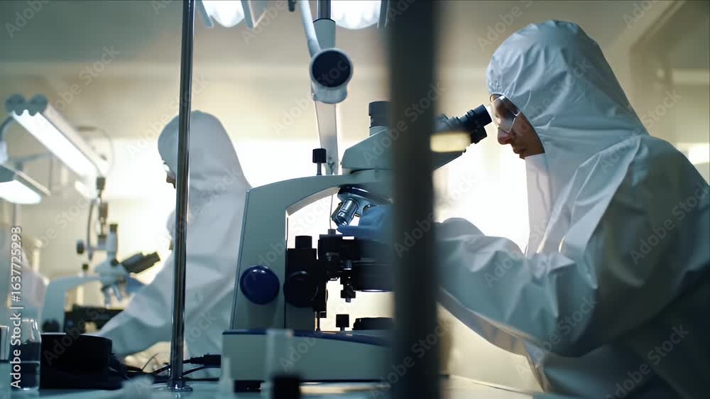 Poster scientists in lab coats using microscopes in a modern laboratory