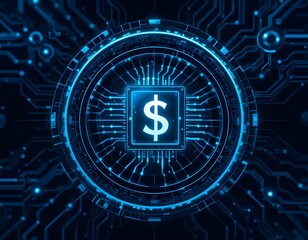 Digital dollar currency symbol on a microchip surrounded by glowing blue circuit board patterns