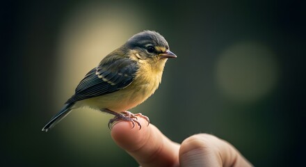 Obraz premium A delicate wild songbird perches trustingly on a human fingertip, a gentle moment of connection between a person and nature.