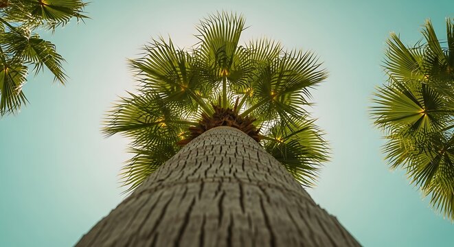 An eye-level shot looking up at a tall, textured palm tree against a clear, blue sky. The palm tree's fronds are lush and green, swaying gently in the breeze.