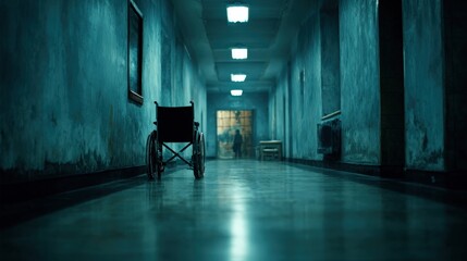 Dark, eerie hospital hallway with abandoned wheelchair, dramatic lighting, suggesting suspense and mystery