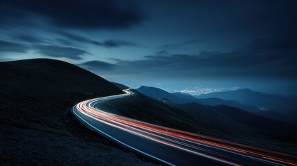 Winding Mountain Road at Night with Light Trails, Dark Blue Tones, and Distant City Lights