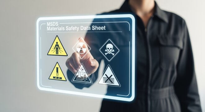 Woman Interacting with a Digital Material Safety Data Sheet Interface Displaying Hazard Symbols for Workplace Safety