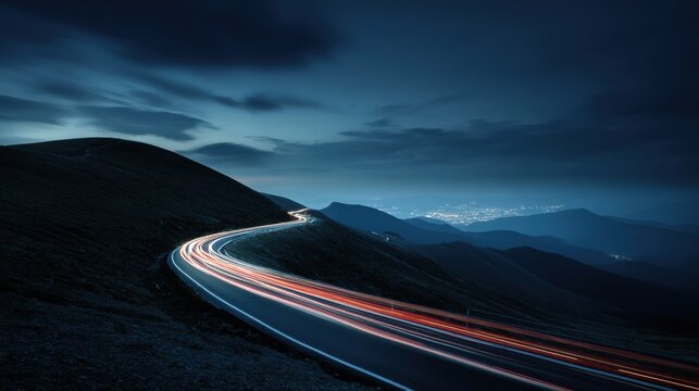 Winding Mountain Road at Night with Light Trails, Dark Blue Tones, and Distant City Lights - Powered by Adobe