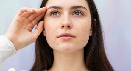 Fototapeta premium A woman with acne touching her forehead with her hand
