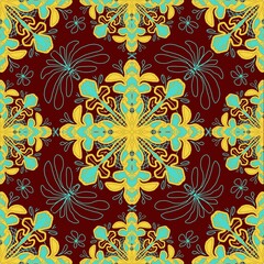 abstract floral background,blue, yellow, pink curves and painted to create flowers shape,leaves with brown background in geometric patterns to as sarong,tile,printed fabric,batik,fabric,tablecloth