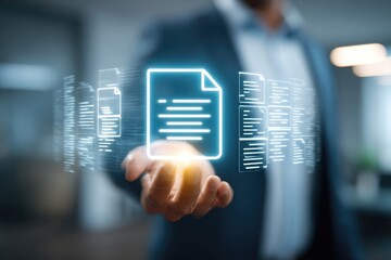 Businessperson hovers digital document icon