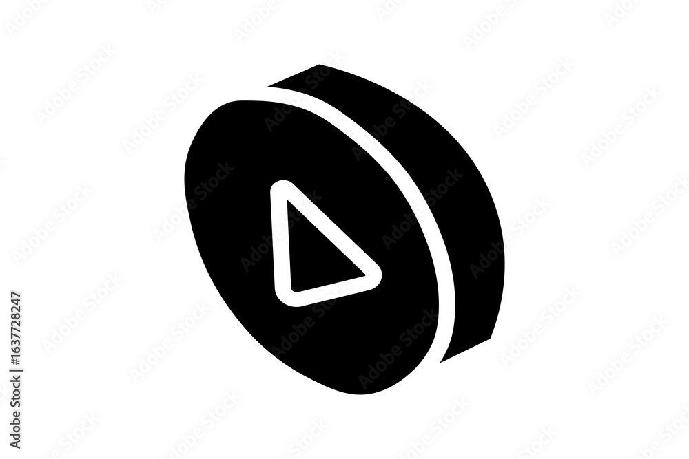 Poster the image is a black and white, isometric illustration of a play button. the play button is depicted