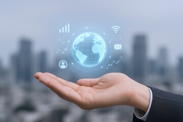 Global Connectivity Concept: Hand Holding Digital Globe with Network Icons, Cityscape Background Illustrating Communication and Technology