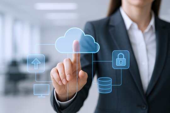 Cloud Computing Security: Businesswoman Interacting with a Cloud Interface for Data Protection and Management