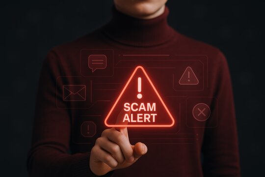 Conceptual Image of a Person Indicating Scam Alert with Digital Interface Overlay and Warning Symbol