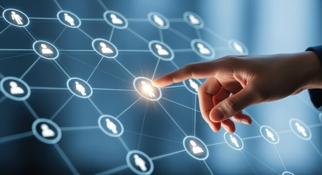 Human Resources Connection: Hand Touching Network Node Point with Glowing Light and Network