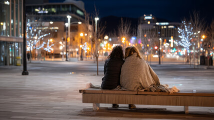 A homeless couple sharing a blanket on a bench in the cold, with empty streets and bright Christmas lights in the distance