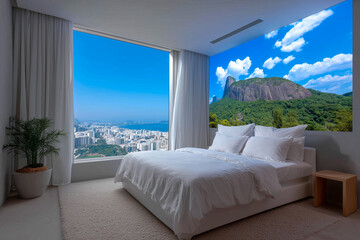 Bright Bedroom Interior With Mountain View And Cityscape Scenery In Rio De Janeiro Brazil