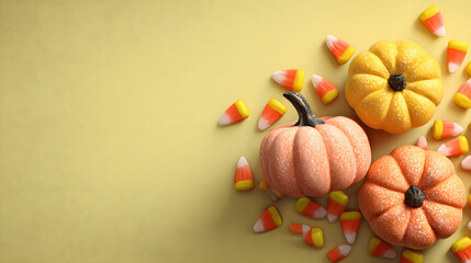 cheerful Halloween banner with copy space. small pumpkins and scattered candy corn on pastel yellow background.