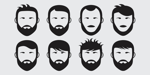 Collection of Stylized Black Silhouettes of Men's Faces with Beards male