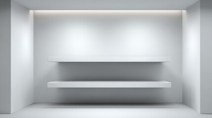 Minimalist White Interior with Empty Shelves for Product Display, Clean and Modern Mockup Backdrop