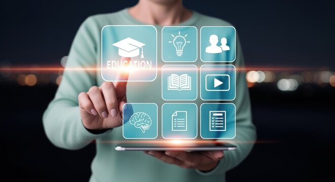 Interactive Education Interface: A Person Navigating Online Learning Resources on a Digital Tablet Display, Representing Modern Education