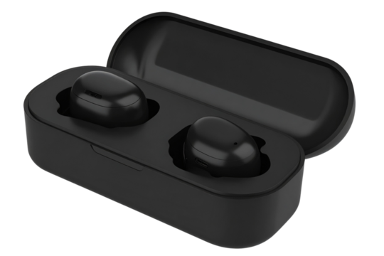 High-Gloss Black Wireless Earbuds with Charging Case, isolated on a transparent background
