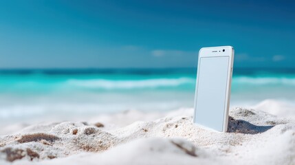 Smartphone on white sand beach with turquoise sea, digital nomad lifestyle and summer vacation concept