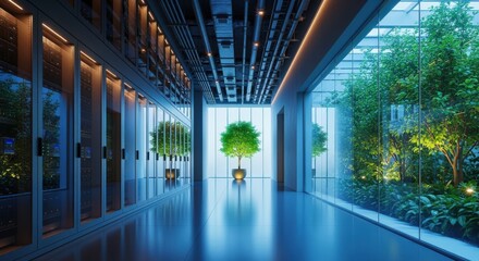 Modern Data Center with Green Technology and Sustainable Design, Featuring Server Racks and Indoor Garden