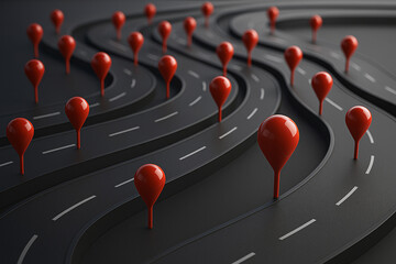 Red map pins marking destinations on winding roads