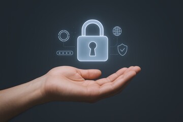 Digital Security Concept: Hand Holding a Glowing Padlock Icon representing data protection and privacy