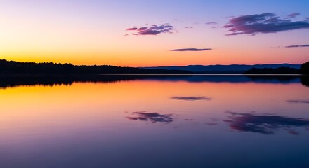 Naklejka premium Serene Lake Reflection at Sunset with Forest and Mountains Silhouette