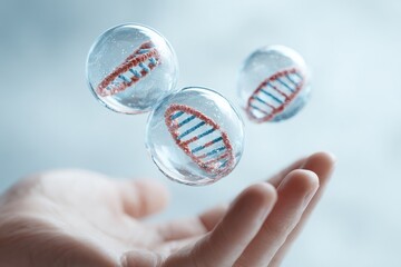 DNA strands in transparent orbs held by a hand
