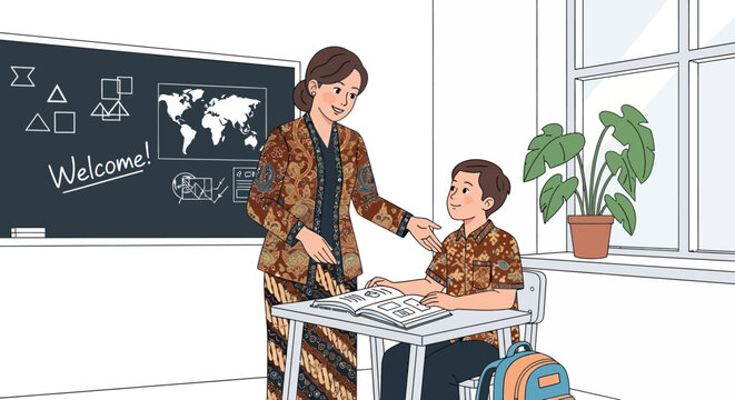 A teacher in traditional attire assisting a young student at a desk in a classroom.